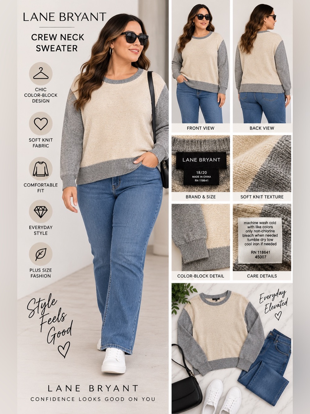 Lane Bryant Cream and Gray Crew Neck Sweater  Womens‎ NEW 18/20